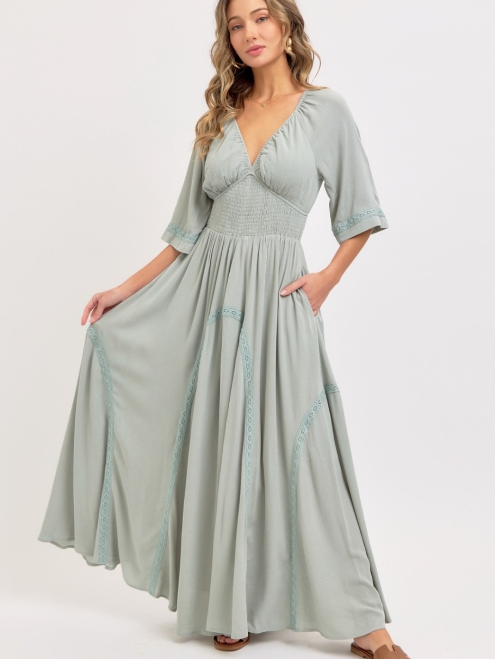 Sage Green V-Neck Smocked Maxi Dress